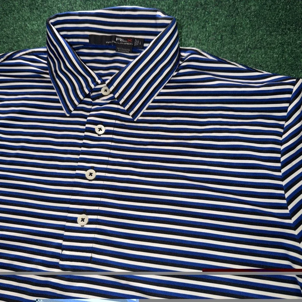 Ralph Lauren RLX Polo Shirt Mens Large Blue Striped Casual Golf Performance J